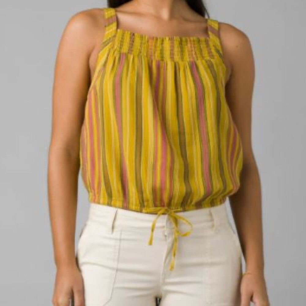 Prana Women's Size S Little Palm Cami Leapfrog Stripe Gold Cotton Top NWT